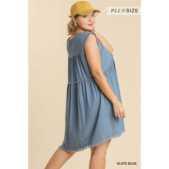 Umgee Plus Size Milk Tea V-Neck Short Folded Sleeve Ruffle Trimmed Pocket Dress - Picture 7 of 12